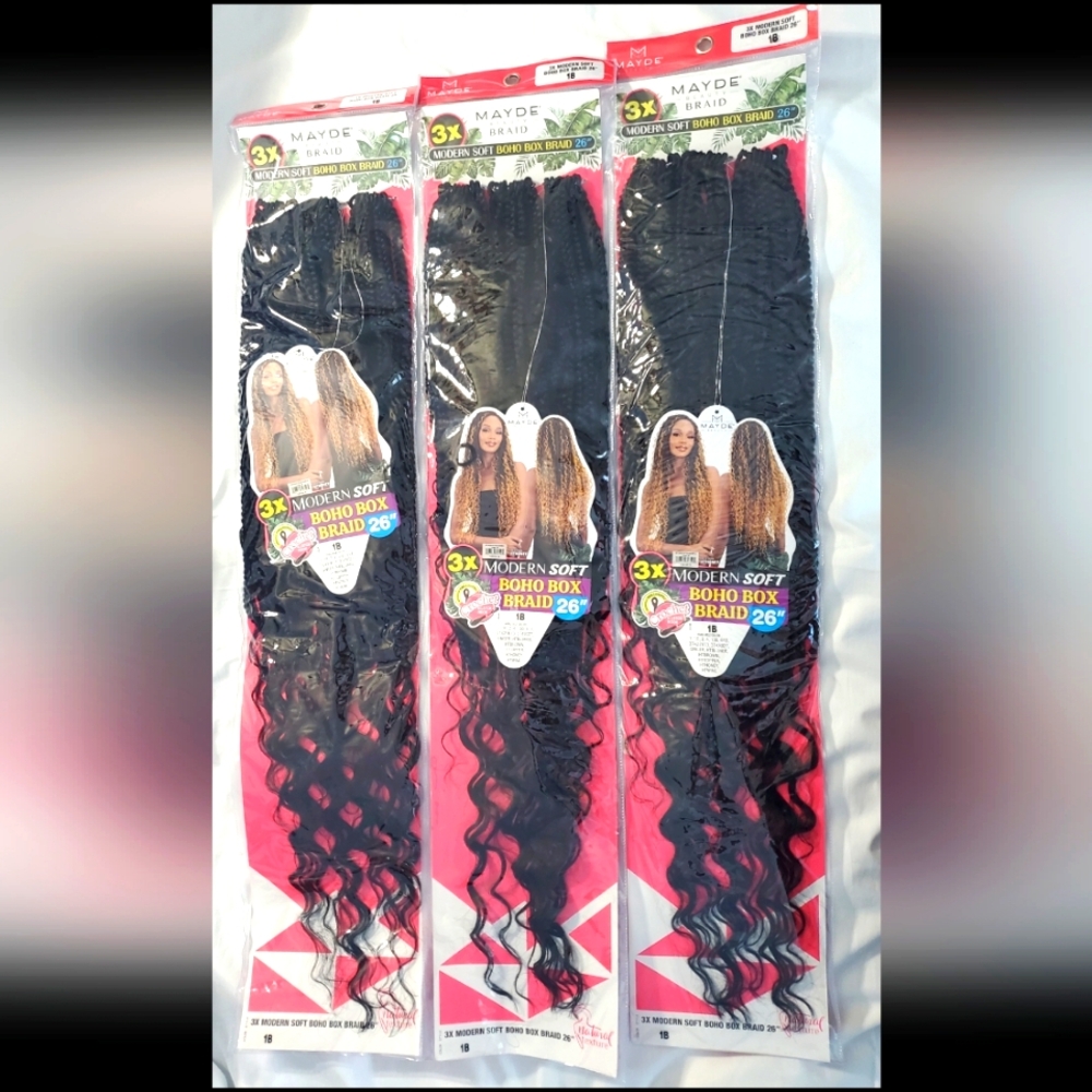 : 3 new pks of mayde 26" crochet soft boho box braids color 1B